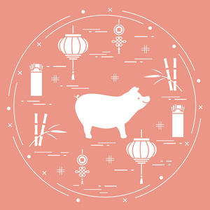 新年快乐中国新年标志。猪，灯笼，中国红包的钱，竹子，硬币的运气。不同国家的节日传统。
