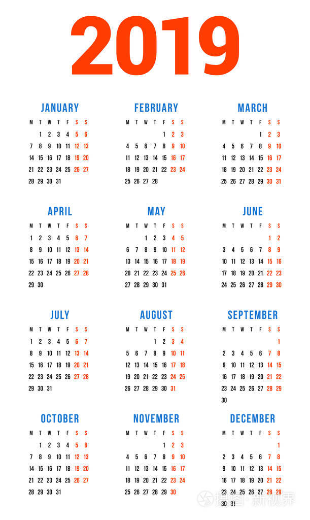 白色背景下2019年日历星期从星期一开始3列4行简单的日历矢量设计元素
