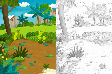 丛林卡通自然场景有着色页儿童插图