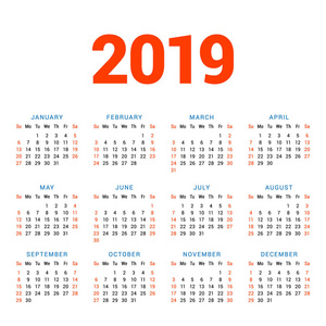 白色背景下2019年日历。星期从星期天开始。4列，3行。简单的日历矢量设计元素，为您的海报，传单，规划师，卡。文具设计模板