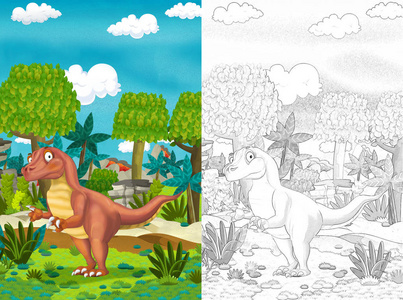 丛林中恐龙的卡通场景有着色页儿童插图