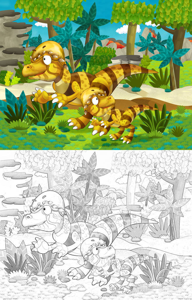 丛林中恐龙的卡通场景-带有彩色页面-儿童插图
