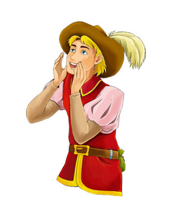 白色背景下美丽英俊的王子的卡通场景-儿童插图照片