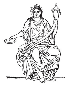 在这张图片中，这是Fortuna，罗马神话中的机会女神。她双手握着一些东西，老式的线条画或雕刻插图。