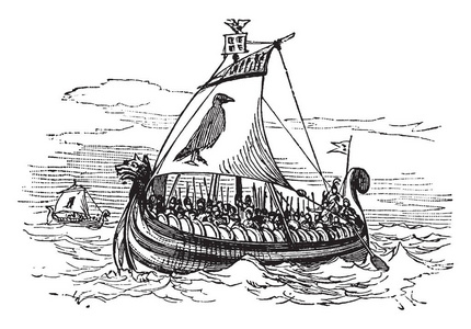 诺斯盖利是一艘古老的船，可以完全由人类桨手推动，用于战争和贸易，线条绘制或雕刻插图。
