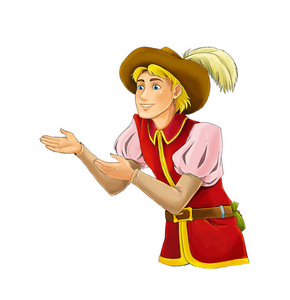 卡通中世纪人物贵族站着说话,为孩子们解释快乐的王子和微笑的插图