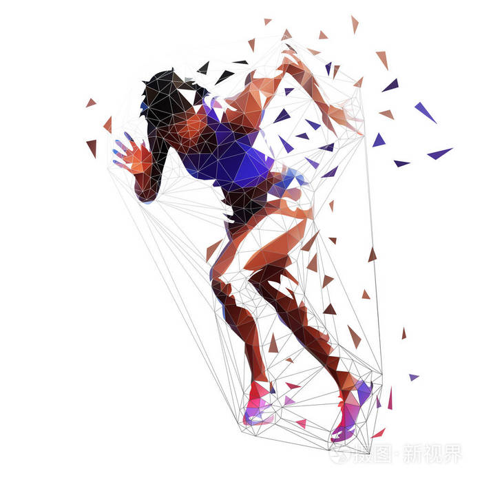 跑步女子低多边形运动员. 孤立矢量插图侧视图. 冲刺非裔美国妇女