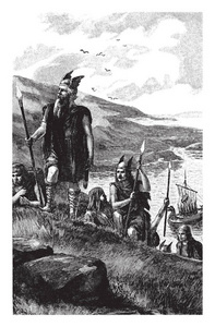一群戴着头盔的人站在岸上，老式的线条画或雕刻插图