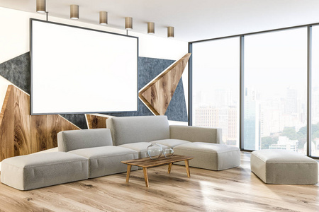 客厅角落有灰色的木制和白色的几何墙图案，木制地板阁楼窗户和灰色沙发与咖啡桌。 三维渲染水平模拟海报框架