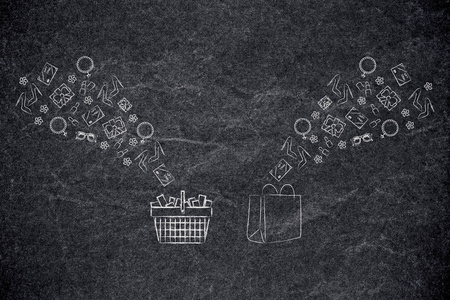 网上购物概念说明购物篮和装满产品的袋子