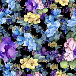 水彩彩色花束热带花。 花卉植物花。 无缝背景图案。 织物壁纸印花纹理。背景纹理包装纸图案的野花。