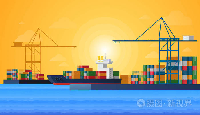 插画 货物海运港与货物货运船和海港港口起重机也是城市.