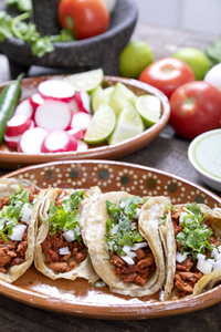 肉卷给牧羊人或腌制。 典型的墨西哥食物在一张充满酱汁和蔬菜的乡村餐桌上。