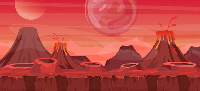 美丽的外星景观的矢量例证。冷却另一个世界背景为游戏设计, 外星人行星在红色的颜色在平面卡通风格