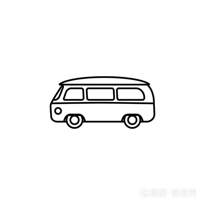 面包车轮廓剪影.在白色背景查出的小巴向量线图标.嬉皮士复古汽车
