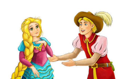 卡通场景，美丽的公主和王子在白色背景插图上为孩子们跳舞