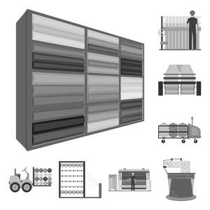 纺织工业中的单色图标集的设计。纺织设备和织物矢量符号股票网站插图
