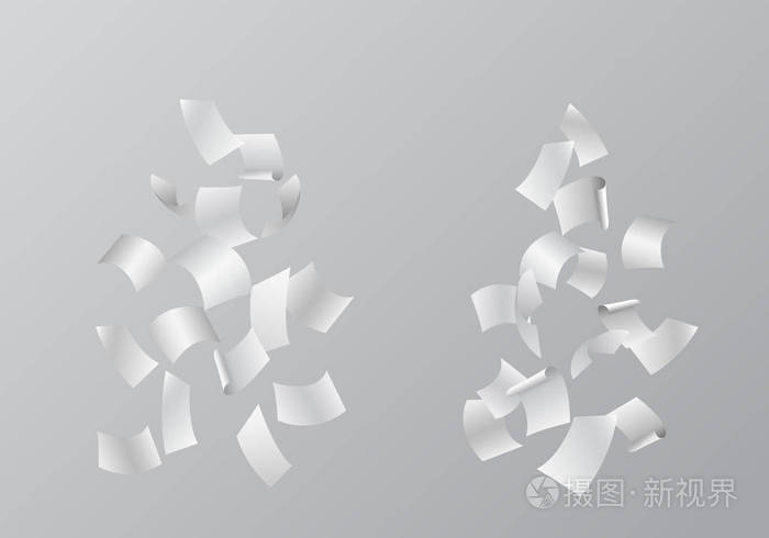 灰色背景下分离的白色纸张掉落的矢量插图集