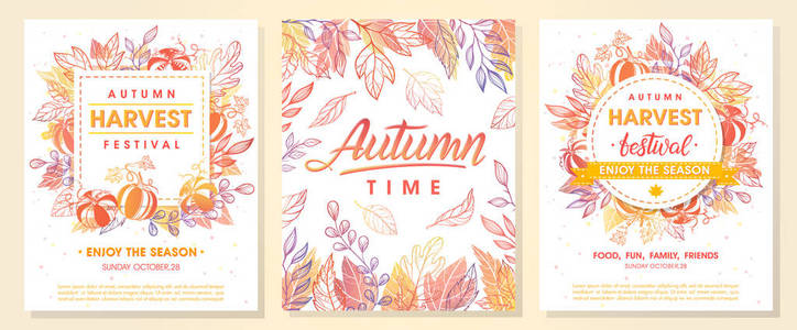 秋天的季节贴有秋天的叶子和秋天的花卉元素。秋天的问候卡非常适合版画传单邀请促销等。