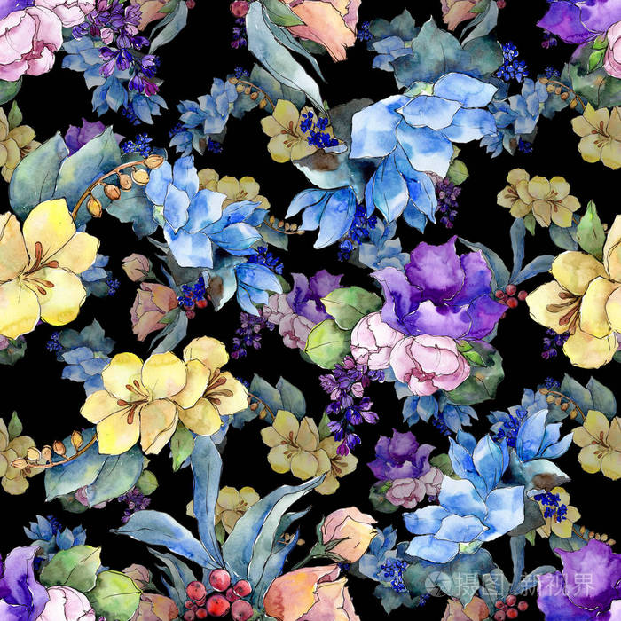 水彩彩色花束热带花花卉植物花无缝背景图案织物壁纸印花纹理背景纹理