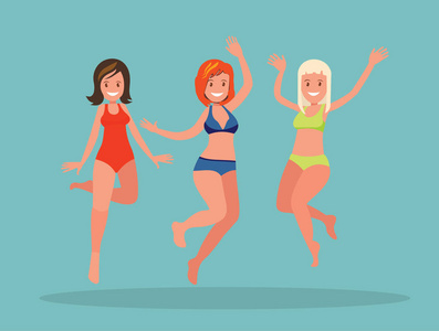 三女孩跳上蓝色的背景。暑假