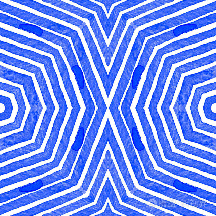 蓝色几何水彩.好奇无缝模式.手拉条纹.画笔纹理.吹心
