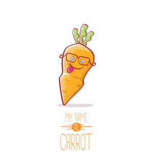 矢量滑稽卡通可爱的胡萝卜字符在白色背景下隔离。我的名字是胡萝卜矢量概念插图。时髦的秋天菜食物字符