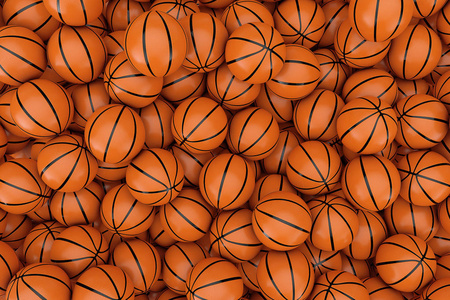 一堆橙色篮球背景极端特写。 3D渲染