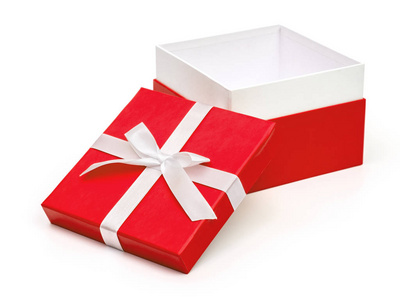 打开红色盒子，礼物和白色蝴蝶结隔离在白色背景上