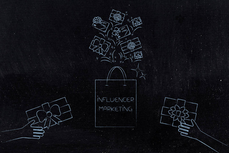 社交媒体营销概念说明有影响力的礼品袋，物品飞进其中，手递礼物