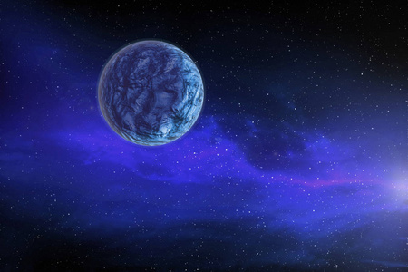 在遥远的太空中，蓝色的大行星围绕着明亮的恒星移动