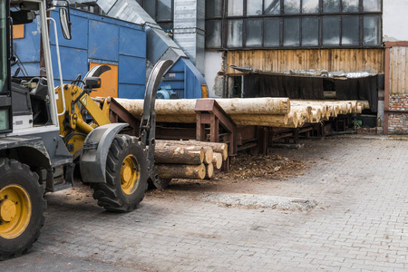 叉车在木制加工厂中攫取木材。大型原木装载机在针叶木厂的原木堆场卸载一辆原木车。锯木厂木材加工