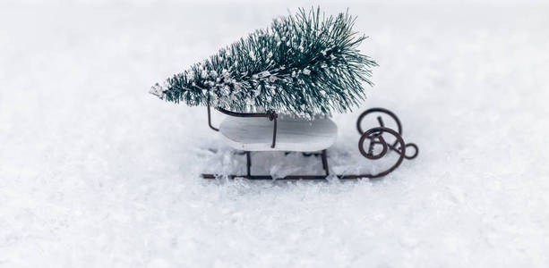 圣诞节和新年微型圣诞树在雪撬上。 复制文本空间。 冬季贺卡。 节日及庆祝概念