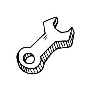 手绘扳手涂鸦图标.手绘黑色素描.签名符号.装饰元素.白色背景.