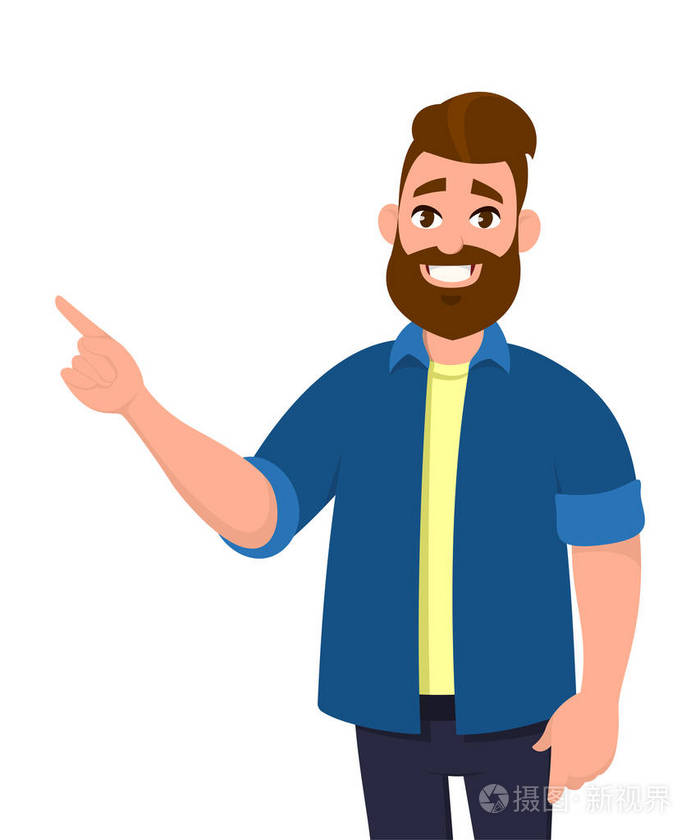 男人指着复制空间. 卡通风格矢量插图中的情感和肢体语言概念.