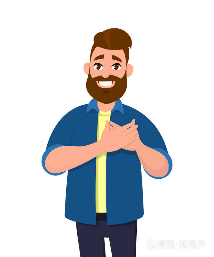 年轻人把手放在胸前. 微笑友好的胡须男人表达感激之情.