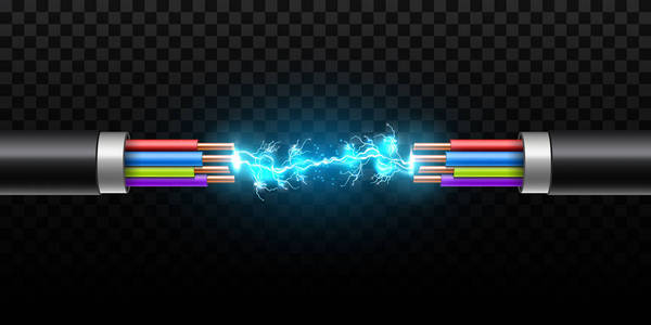 在彩色断线电缆铜线与电路火花隔离的透明背景下, 产生电闪闪电的创意