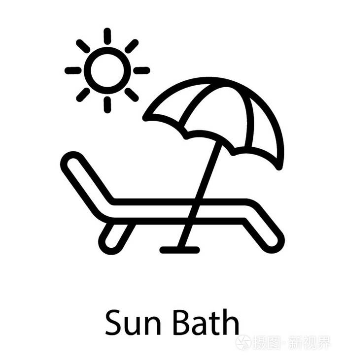 一张藤床伞在海滩上代表海滩床