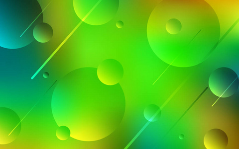 浅绿色黄色矢量布局与圆圈形状。 模糊的气泡在抽象的背景上与彩色梯度。 图案可用于广告传单。