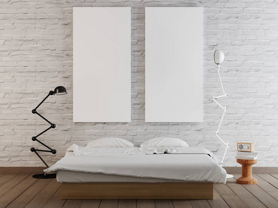模拟卧室背景墙上的空白海报。 3D渲染