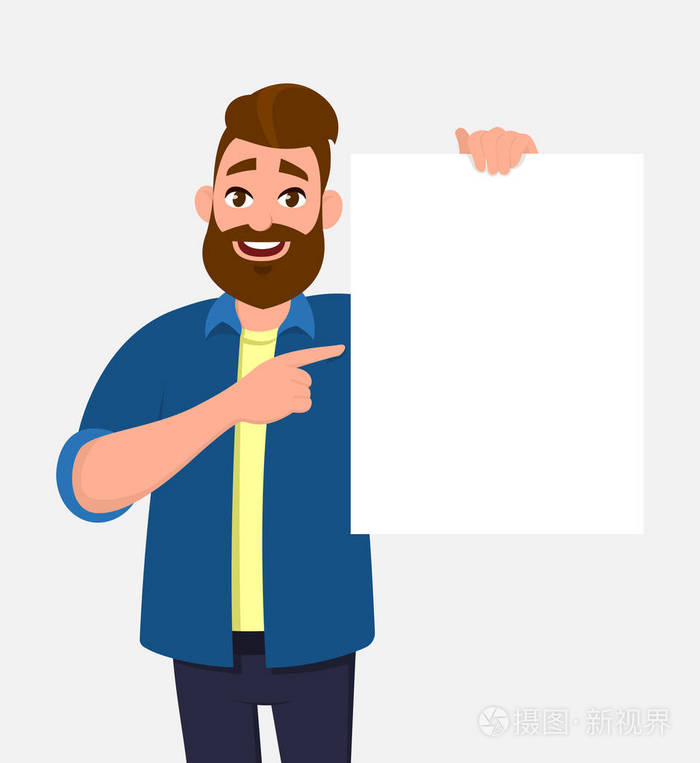 快乐的年轻人拿着展示展示白色的空白板横幅海报并指向食指矢量卡通