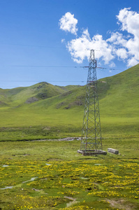 中国青海祁连附近的山脉和草地景观