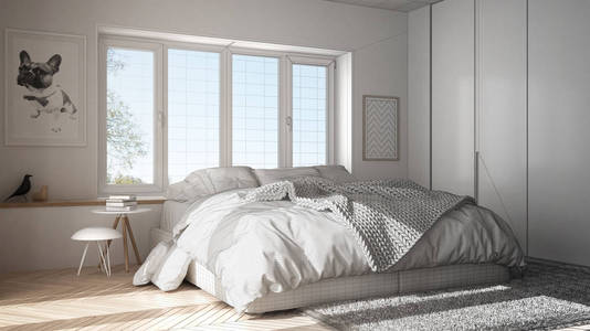 未完成的项目草案室内设计斯堪的纳维亚白色和绿色极简主义卧室与全景窗口，毛皮地毯和人字形镶边
