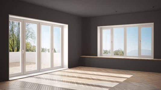 现代空间，有大的全景窗和木地板，极简的白色和灰色建筑，室内设计