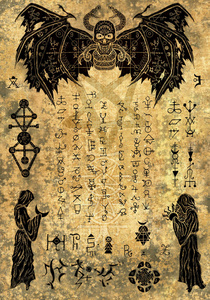 魔法女巫书页上有邪恶的符号和旧纸纹理上的图画.