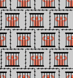 监狱模式完美无瑕。 囚犯在监狱的背景下。 罪犯和窗户上的酒吧。 周围铁丝网