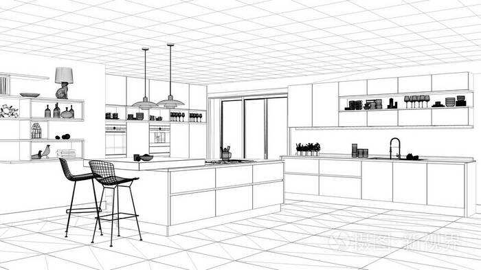 室内设计项目黑白墨素描建筑蓝图,展示带有岛屿的现代厨房