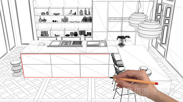 室内设计项目概念手绘定制建筑黑白水墨素描蓝图,展示海岛现代厨房