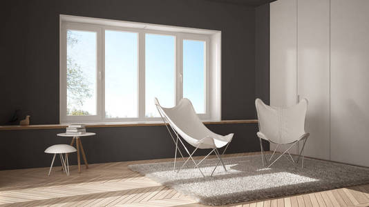 白色和灰色的最小客厅，有扶手椅地毯地板和全景窗，斯堪的纳维亚建筑，现代室内设计