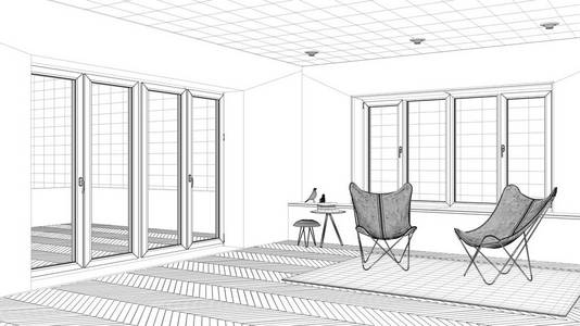 室内设计项目黑白墨水素描建筑蓝图显示最小客厅与扶手椅地毯地板和